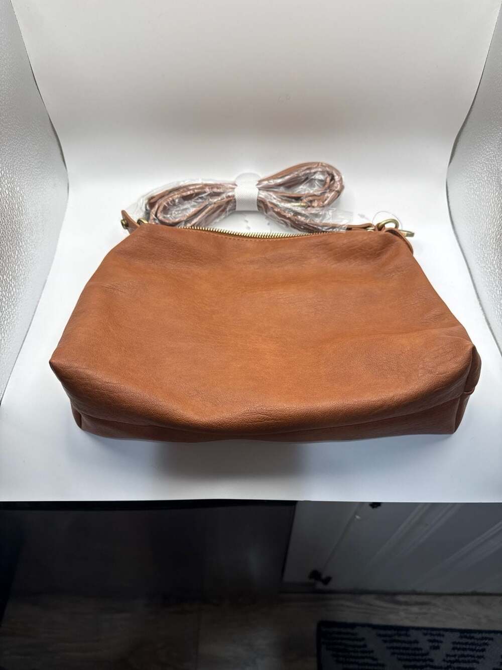 Madison West Brown Vegan Leather Crossbody Hobo Bag with Detachable Strap